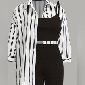 Striped Button-Up Shirt and Black Skirt Set. Two Piece Size XLarge